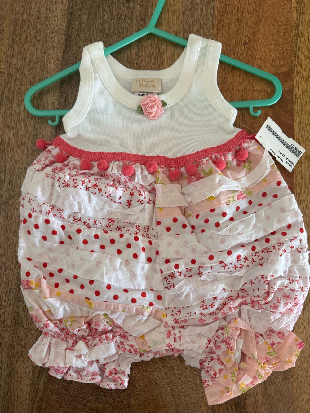 Haute Baby Girl White & Pink Ruffle Balloon Romper Floral Polka Dot NWT 3-6 mon